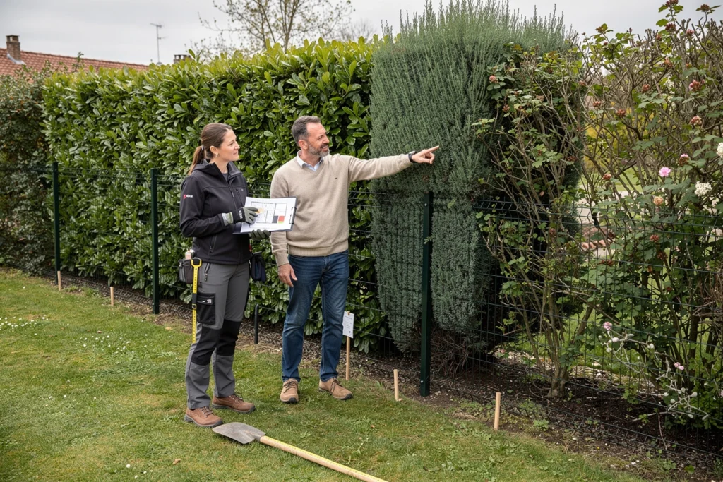un homme et une paysagiste discutent de la haie